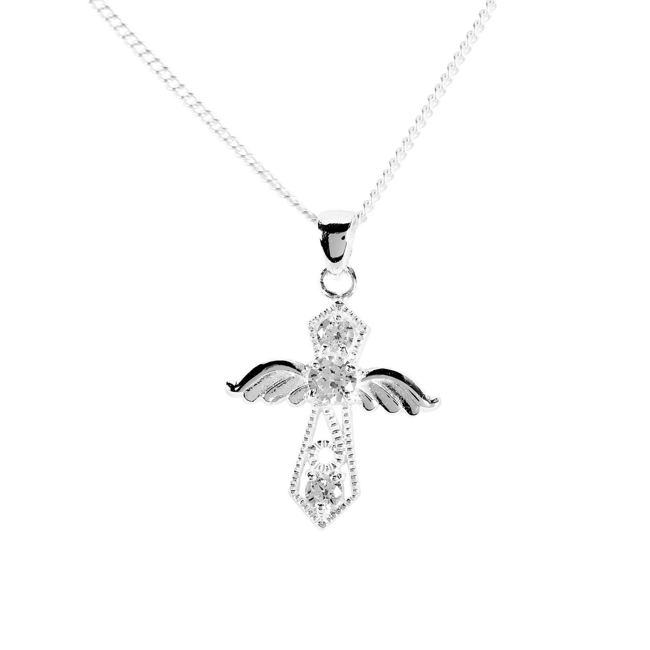 Edge Collection - 18" - Silver - Elegant Angel Cross Necklace with Sparkling Accents - 1 Piece